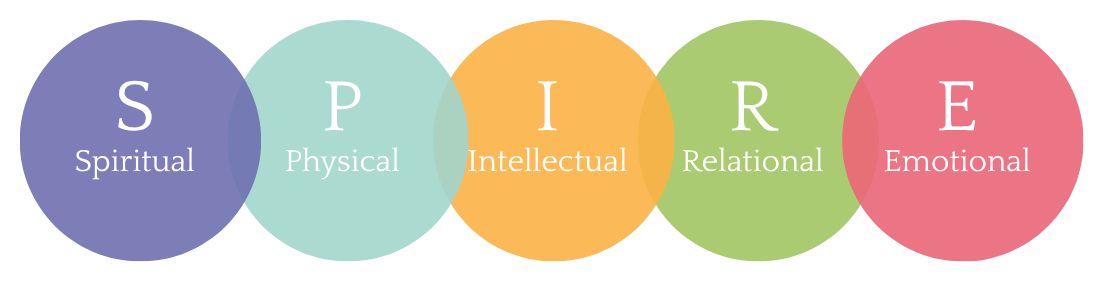 Five overlapping circles: spiritual, physical, intellectual, relational, emotional
